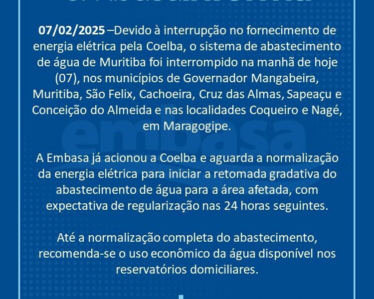 Imagem JPG, Interrupção de energia elétrica afeta abastecimento de água no Recôncavo da Bahia