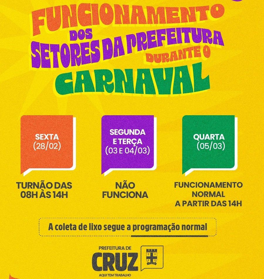 Imagem JPG, Prefeitura de Cruz divulga funcionamento dos serviços durante o carnaval